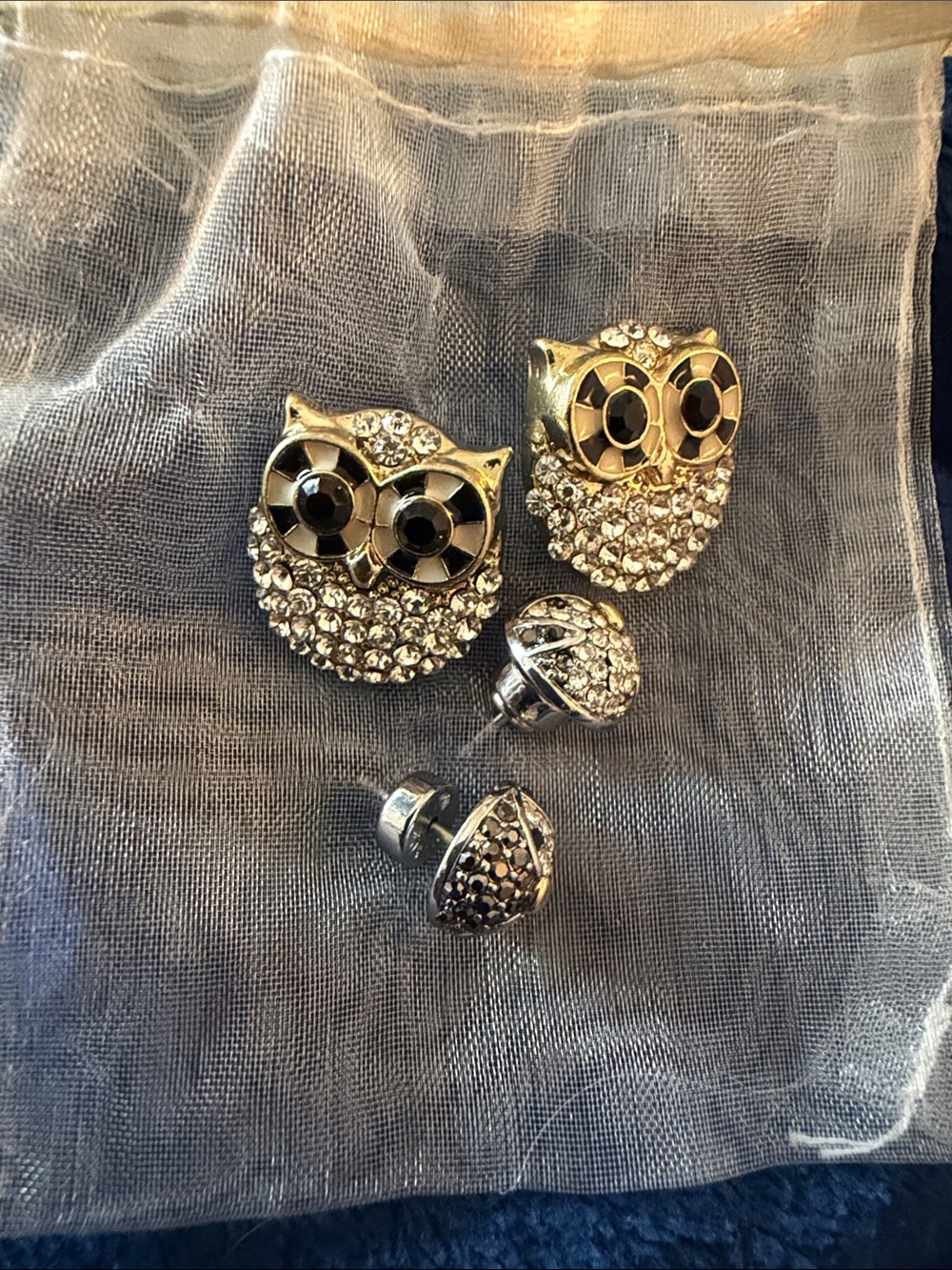 Vintage Gold Tone Crystal Pave Owl Stud Earrings